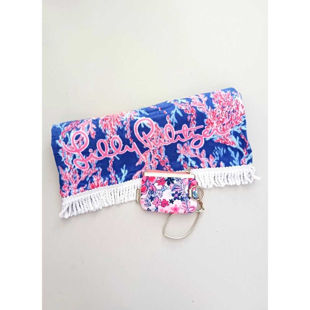 NEW Lilly Pulitzer Velour Beach Towel / Wristlet Set Borealis Blue Swim 30X60